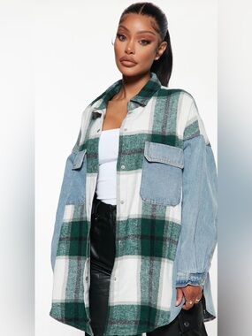 Fashion Nova Green Plaid Shacket with Light Denim Sleeves